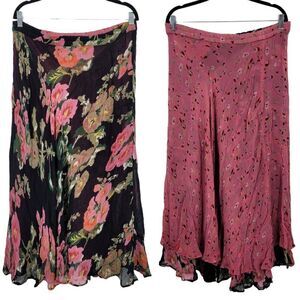 Vintage Reversible Floral Maxi Skirt M Black Pink Ditzy Ruffle Rayon India Boho